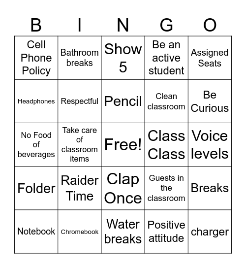 Classroom Expectations Bingo Card