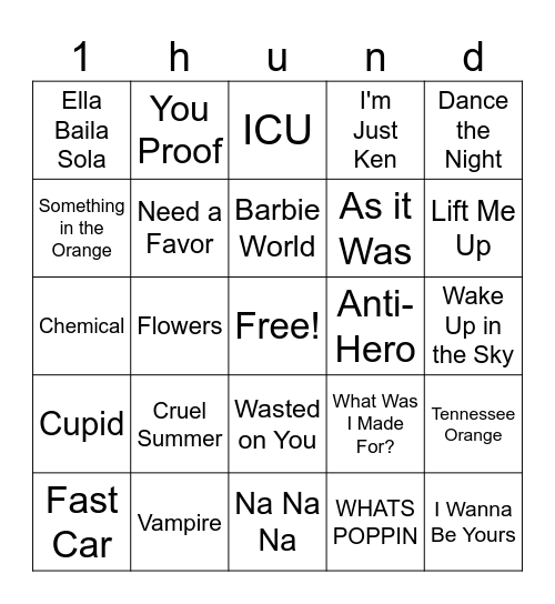 Top 100 Bingo Card