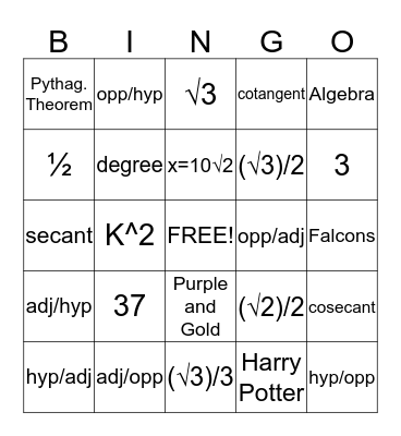 Trig Bingo Card