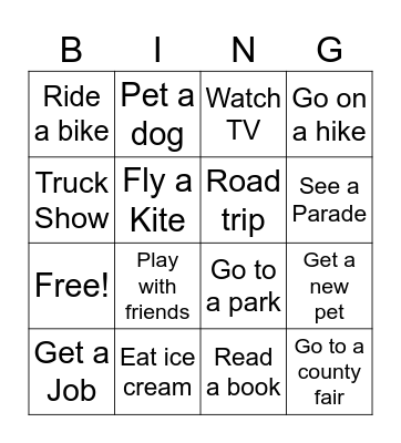 Summer Break Bingo Card