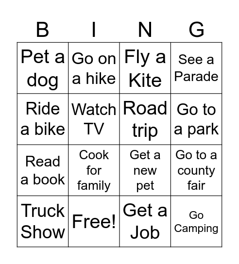 Summer Break Bingo Card