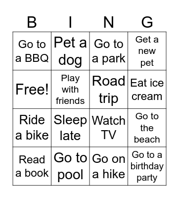 Summer Break Bingo Card