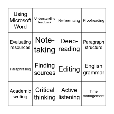 Academic skills bingo Card