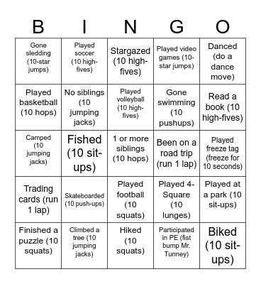 PE Bingo Card