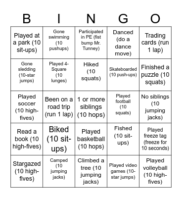 Bingo for PE Bingo Card