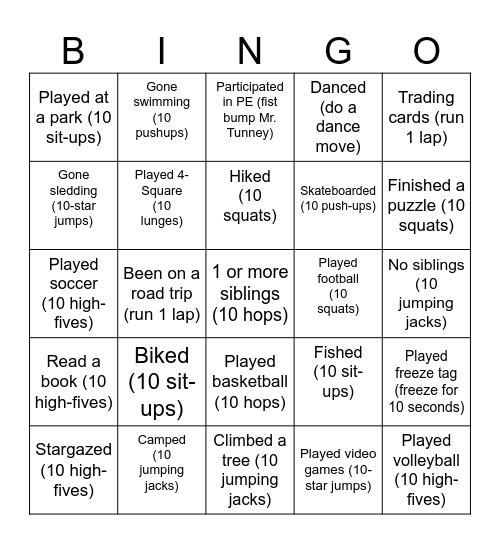 Bingo for PE Bingo Card