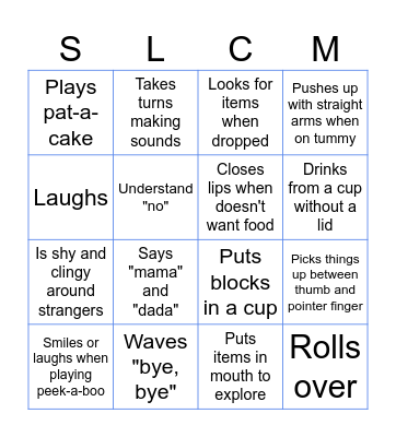 Developmental Milestones Bingo Card