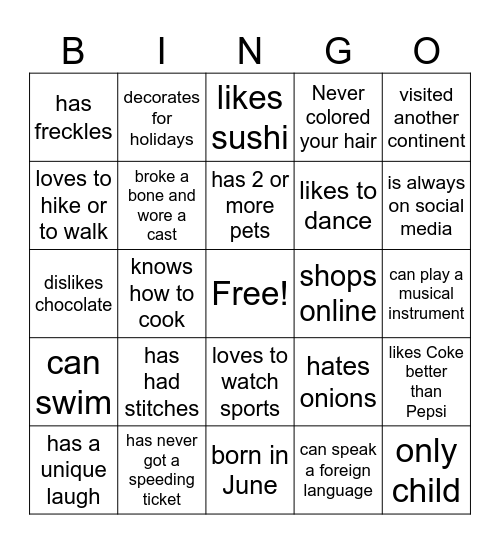 GET TO KNOW YOU Bingo Card