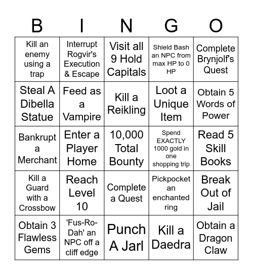 Skyrim Bingo Card