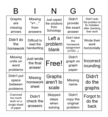 Math Homework BINGO! Bingo Card