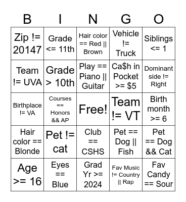 APCSP Boolean Bingo Card