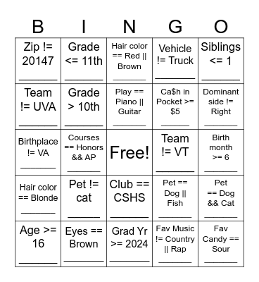 APCSP Boolean Bingo Card