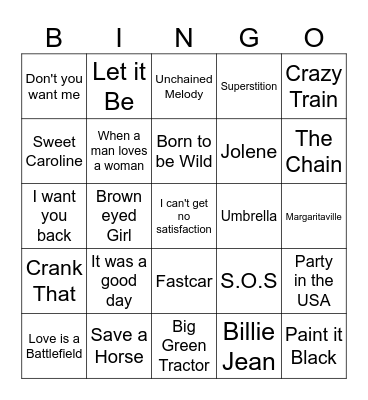 Rock and Roll Bingo Card