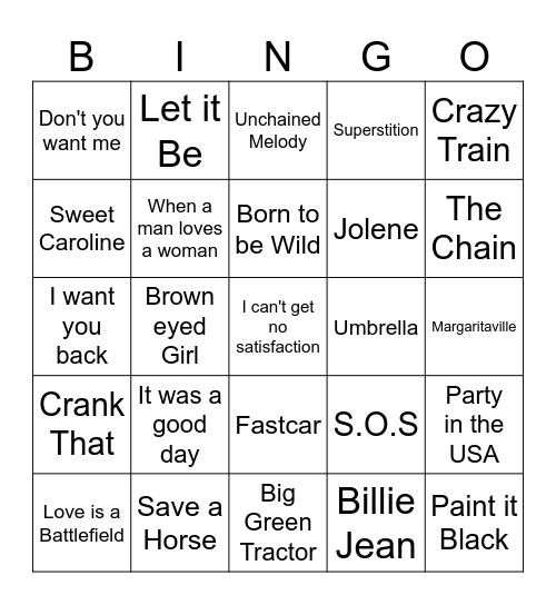 Rock and Roll Bingo Card