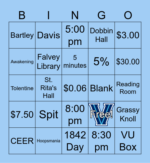 Villanova 101 Bingo Card