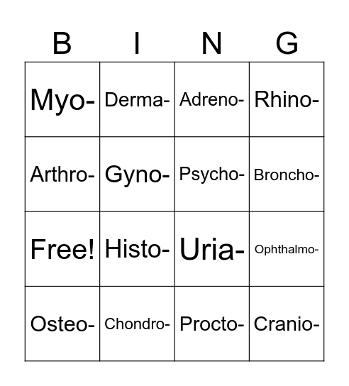 Medical Terminology Bingo Card