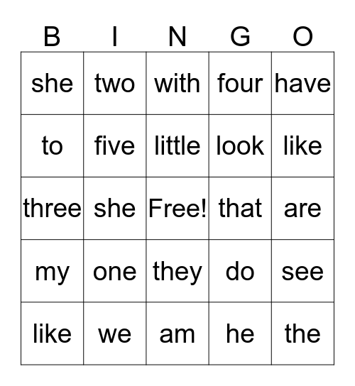 Sight Words Bingo Card