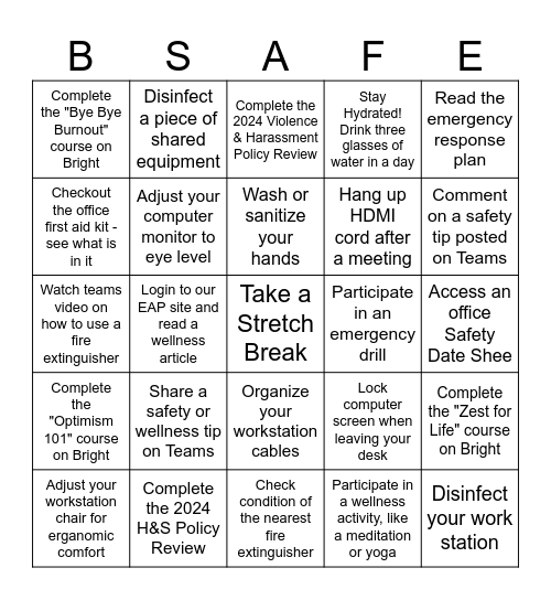 Office Safety Bingo Card