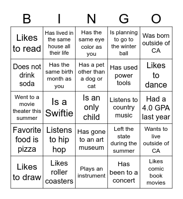 Middle School Bingo Card