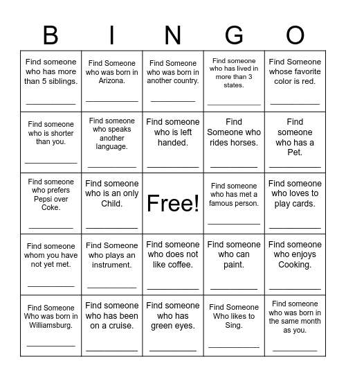 Find Someone Who Bingo Card