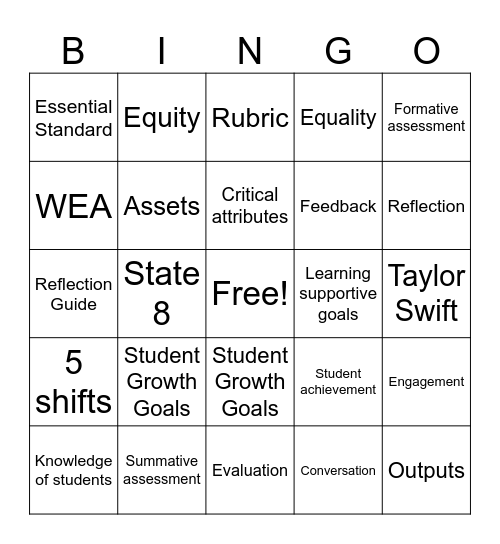 WEA Student Growth Goal Bingo Card
