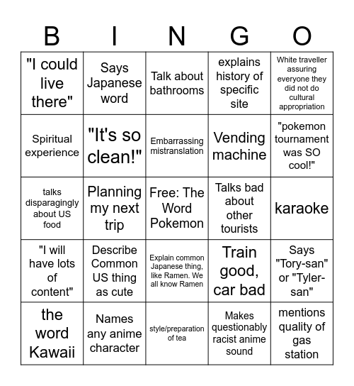 Foreign Traveller Bingo: Japan Edition Bingo Card