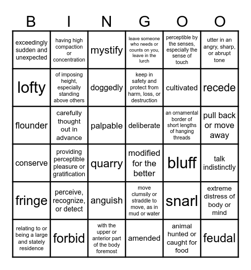 The Most Dangerous Game Vocabulary Bingo Card