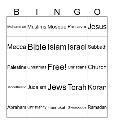 World Religions Bingo Card