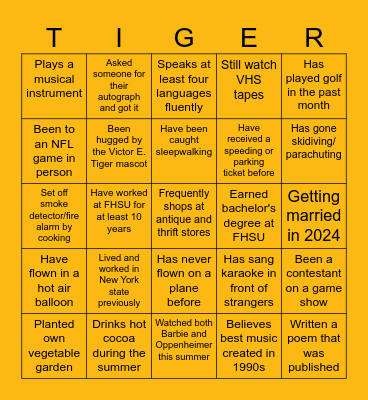 Tiger! -- Get initials of person w/ characteristic Bingo Card