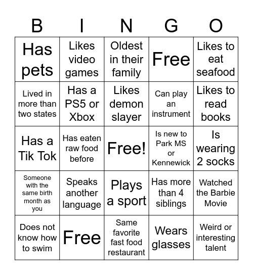 First Day of School Bingo Card