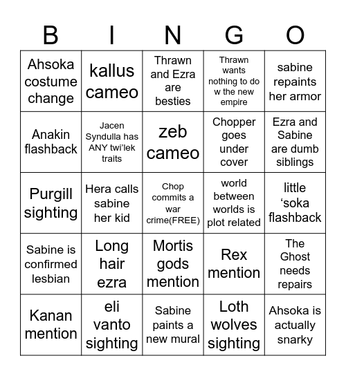 AHSOKA SHOW BINGO(DELUSIONAL EDITION) Bingo Card