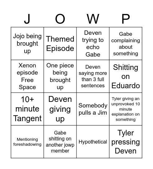 Jowp Bingo Card