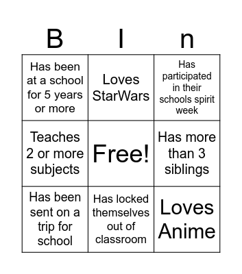 Teacher Bingo Card