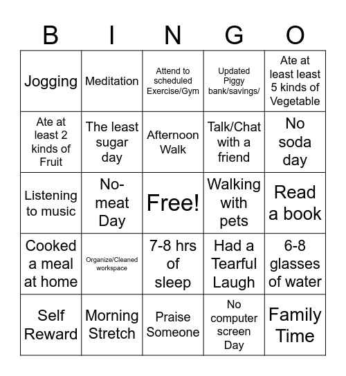 Wellness Wednesday Bingo Card