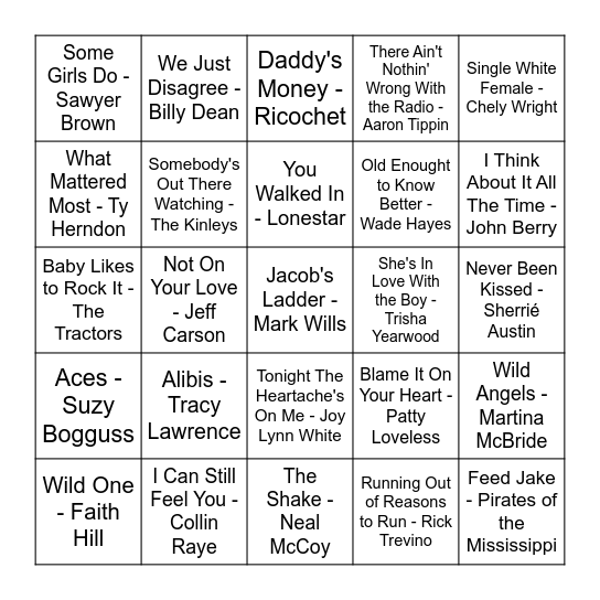 90's Country (You May Have Forgotten) Bingo Card