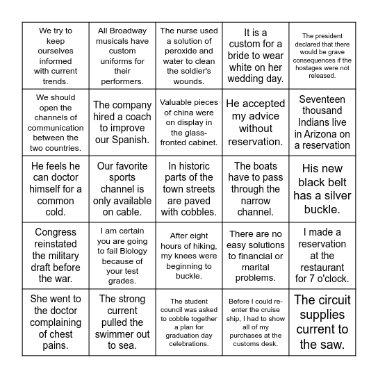 Multiple-Meaning Words Bingo Card