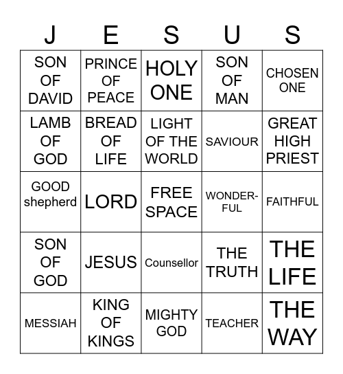 Names of Jesus UK spelling Bingo Card
