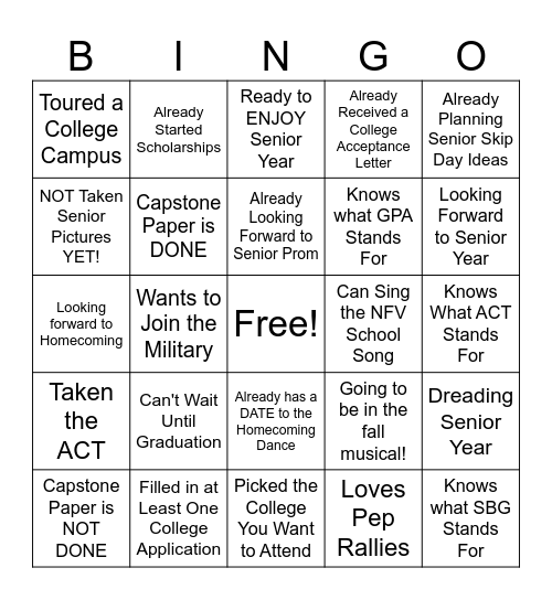 Senior Year Bingo Card