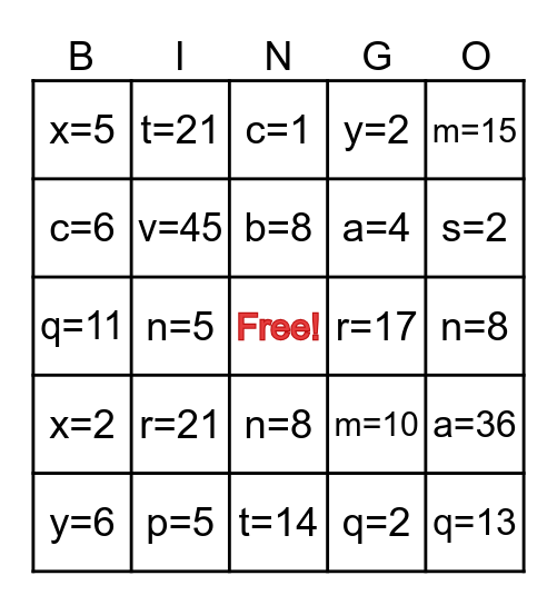 Algebra Bingo! Bingo Card