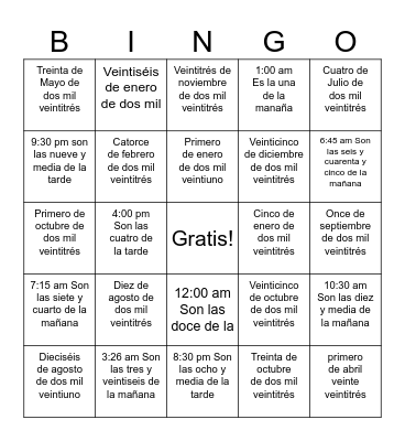 Dates And Times Bingo Card