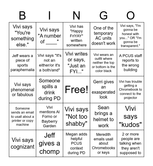 PCUS August Days Staff Bingo Card