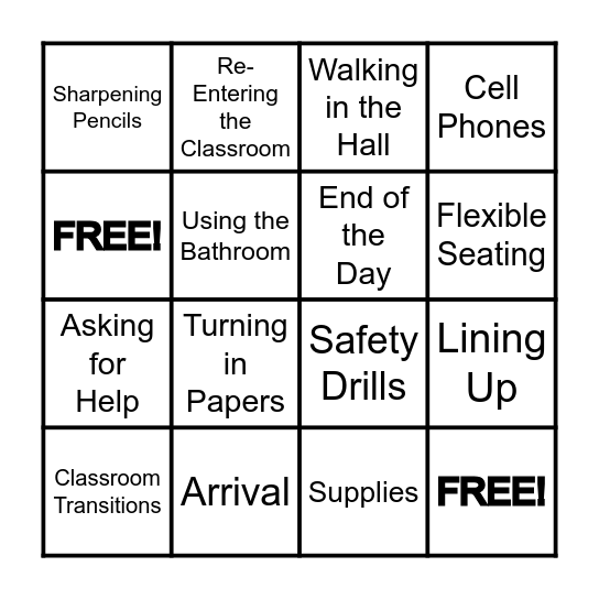 Classroom Procedures Bingo Card