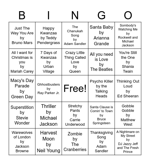 Holidays Before the Holidays Musical BINGO! Bingo Card