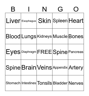 Human Body Bingo! Bingo Card
