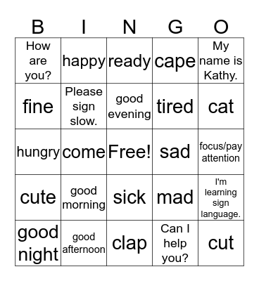 Sign Language Basics Bingo Card