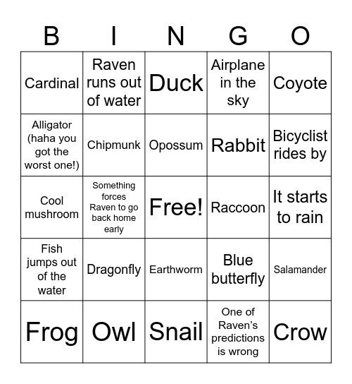 My Nature Walk Bingo Card