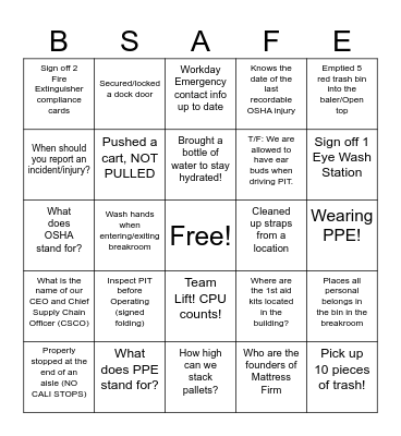 Mattress Firm Bingo Card