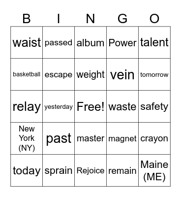 Spelling Bingo - Chapter 1 Bingo Card
