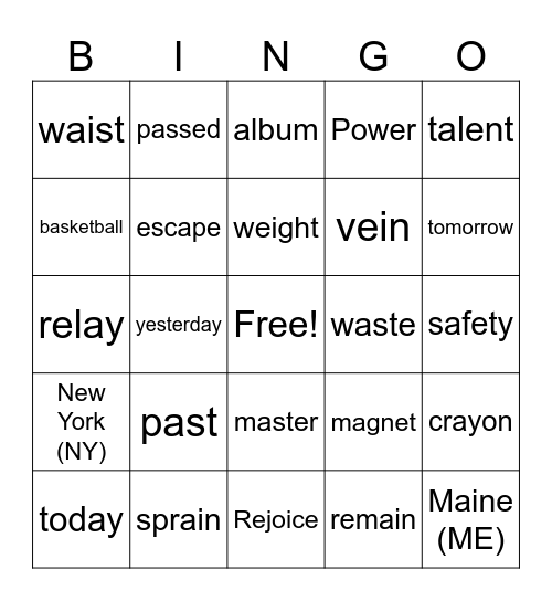 Spelling Bingo - Chapter 1 Bingo Card