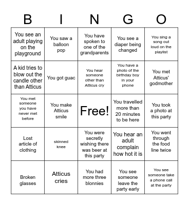 Atticus' Birthday Bingo Card